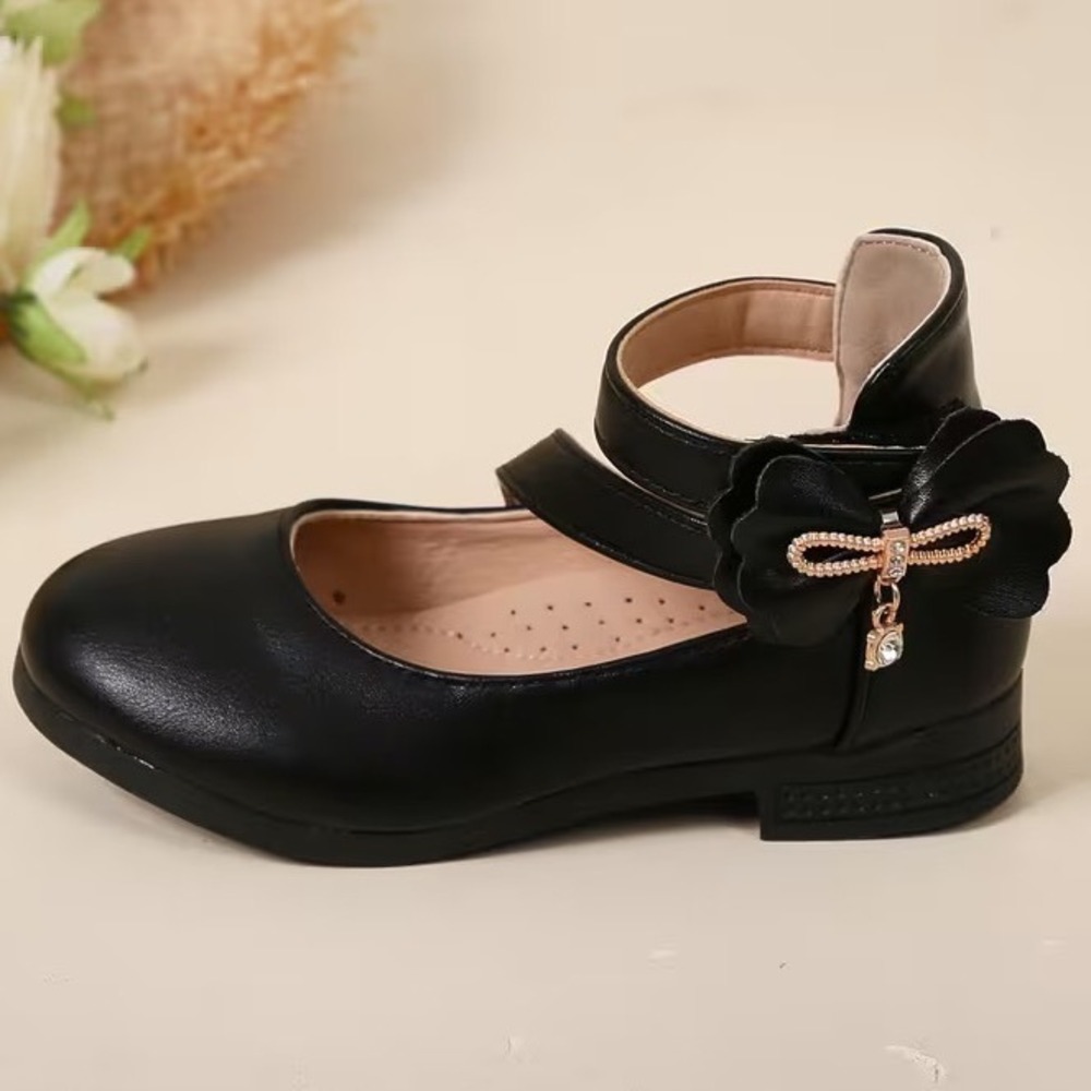 Girls Black Faux Leather Mary Jane Dress Shoes Bow Rhinestone Charm Size 13